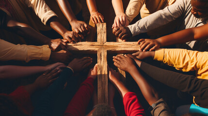 A thought-provoking depiction of a Christian cross formed from diverse people holding hands, signifying unity in Christ Generative AI