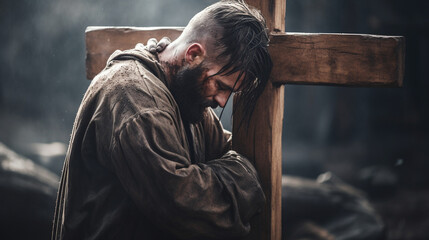 An emotional photo of a person embracing a Christian cross in a moment of reflection and surrender Generative AI