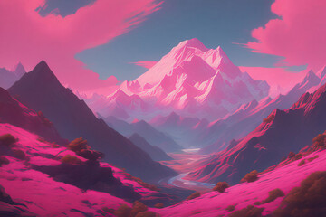 beautiful mountain and lake with pink and blue sky.