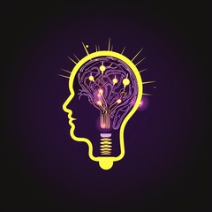 Light bulb brain head. ideas and advice, knowledge base. Yellow on dark purple backround. Generative AI