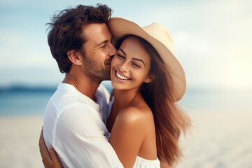 happy loving couple enjoying on the beach