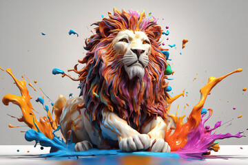lion in paint splashes and colorful paint. 3 d illustration