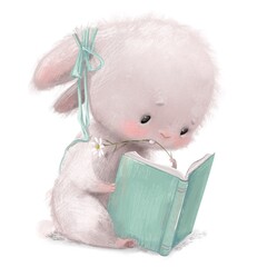 cute cartoon hare with reding the book