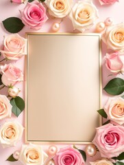 Flowers composition. Frame made of pink roses, pearls and golden balls on pastel pink background. Flat lay, top view, copy space Generative AI