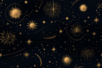 Night sky seamless pattern with gold constellations
