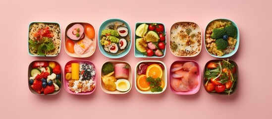 top view of school lunchboxes filled with different healthy and nutritious meals. The background is pink, and empty space available for including text or other information.