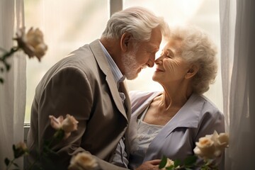 home kiss and senior couple with love and commitment
