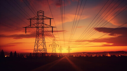 High voltage electric transmission tower at sunset. Generative Ai