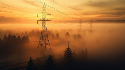 High voltage transmission tower foggy morning sunrise. Generative Ai