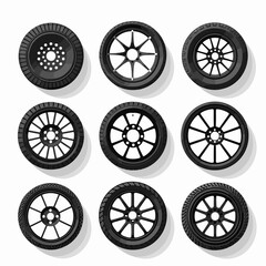 Car wheel icons set. Black wheel tires silhouette collection. Auto wheel disks.
 - obrazy, fototapety, plakaty