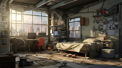 Interior of an old abandoned house. AI generated art illustration.