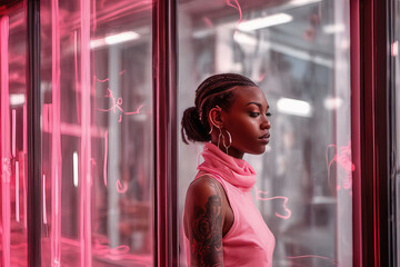 portrait of a young african american woman wearing a pink jacket, looking at the window in a pink neon lights