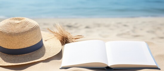 A writing book with summer beach accessories is featured on a background, offering copy space. is laid flat with copy space available.