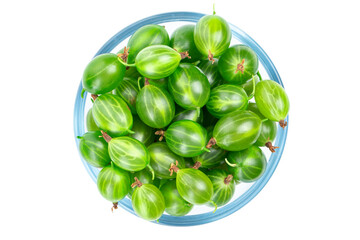 Ripe gooseberry in a glass plate of berries isolated on white background. Top view. File contains clipping path. Full depth of field.