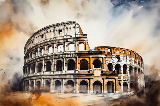 Roman Coliseum (Colosseum) simple watercolor. Exterior of the Rome Coliseum. Coliseum is one of the main attractions of Rome (Roma) and Italy. Rome architecture and landmark. Roman holiday.