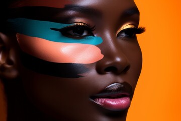 close-up maquillaje editorial mujer piel negra, maquillaje de alto contraste para sesión de fotografía branding makeup aesthetic  - obrazy, fototapety, plakaty