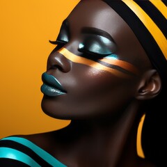 close-up maquillaje editorial mujer piel negra, maquillaje de alto contraste para sesión de fotografía branding makeup aesthetic 