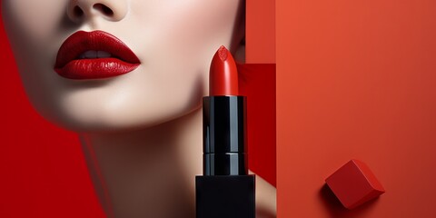 Retrato close-up lipstick rojo para promocionar marca de makeup, mockup lip gloss con espacio para texto, branding labial rojo marca de lujo