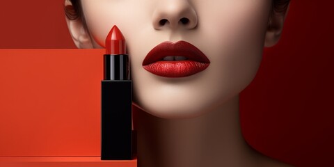 Retrato close-up lipstick rojo para promocionar marca de makeup, mockup lip gloss con espacio para texto, branding labial rojo marca de lujo