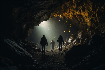 Unrecognizable people hiking in underground cave