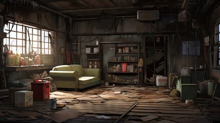 Naklejka premium Interior of an old abandoned house. AI generated art illustration.