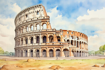 Roman Coliseum (Colosseum) simple watercolor. Exterior of the Rome Coliseum. Coliseum is one of the main attractions of Rome (Roma) and Italy. Rome architecture and landmark. Roman holiday. - obrazy, fototapety, plakaty