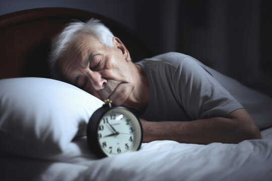 Senior man sleeping alarm clock. Generate Ai