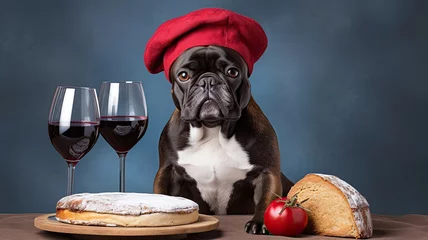 Fototapete Französische Bulldogge Dog french bulldog with red wine and baguette and french beret