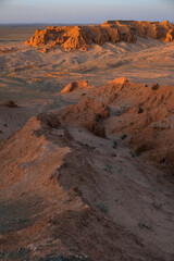 The Flaming Cliffs also known as Bayanzag in the Gobi Desert in Mongolia. - 631757442