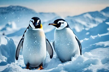two penguins on the snow - obrazy, fototapety, plakaty