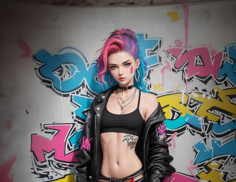 Portrait of young woman with provocative make-up, piercings and tattoos against graffiti wall. Grange style concept