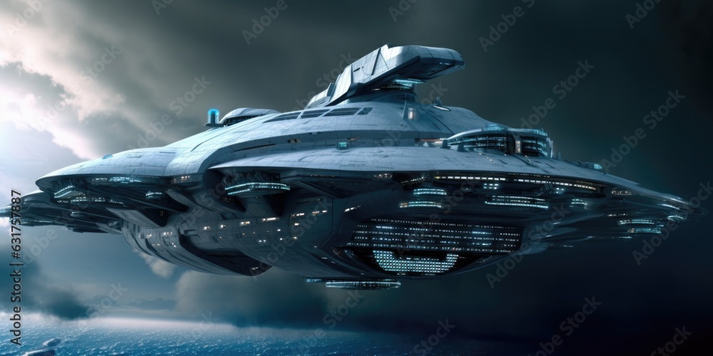 Poster the advanced and futuristic exploratory science carrier spaceship. generative ai aig27.