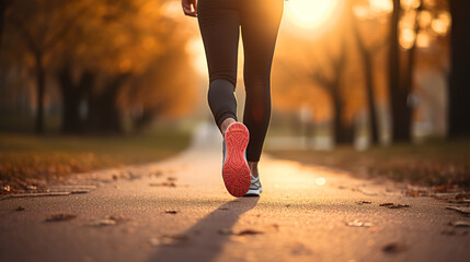 Runner athlete running at beautiful autumn park. Woman fitness jogging workout , wellness concept.