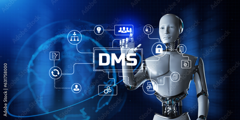 Poster dms document management system business process automation rpa concept. robot pressing button on scr