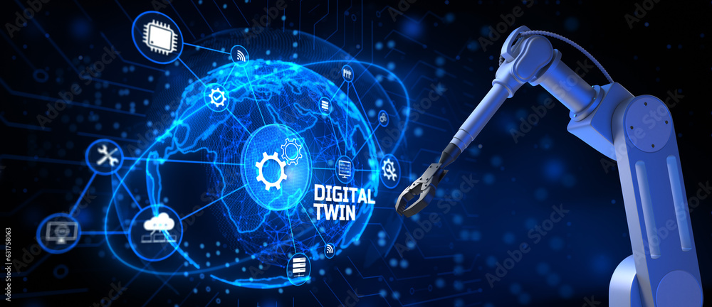 Poster digital twin industrial technology and manufacturing automation technology. 3d render cobot robotic 