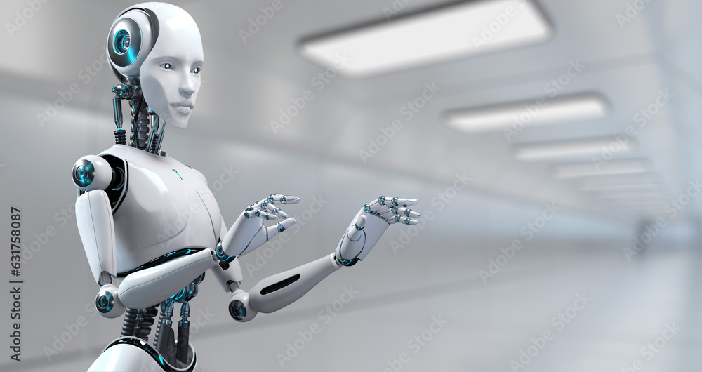 Poster robot cyborg 3d render innovation technology robotisation.
