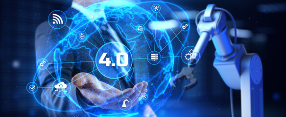 4.0 industry IIOT Industrial internet. Business industrial technology concept. Cobot 3d render.