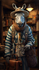 Fototapeta na wymiar an anthropomorphic zebra dressed as a travel guide. Travel and safari concept