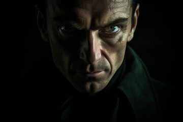 A man looks seriously into the camera from the darkness, dark light, His look is threatening and determined