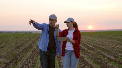 two farmers work field handshakemachinery road insurance wealth digital horizon slow pc cereal view garden labor sky worker inspect, corporate sunset, work tablet agriculture, hand sun farming farm