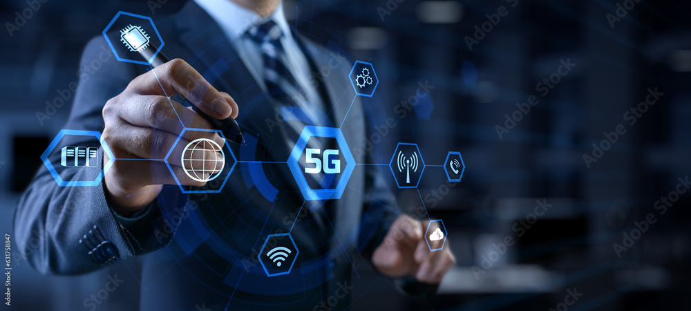 Poster 5g high-speed internet connection concept. businessman pressing button on screen.