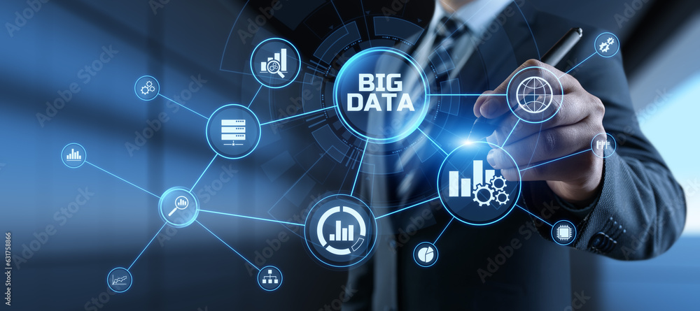 Poster big data analysis analytics internet technology concept. businessman pressing button on screen.