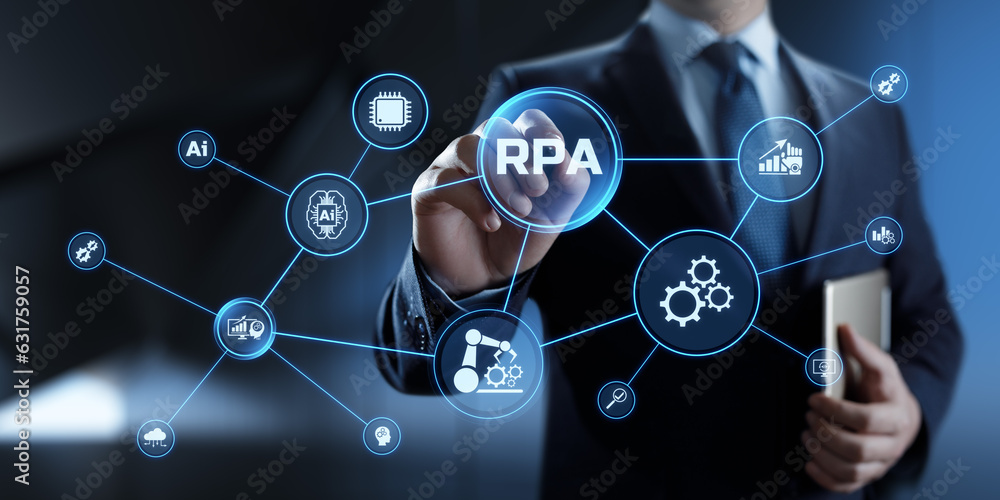 Poster rpa robotic process automation business process optimisation innovation technology concept.