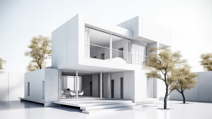 Isolated mockup of a 3D house standing on a white surface. Generative AI technology.