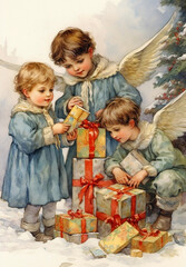 Vintage Christmas angels with Kids, Ephemera, Victorian Christmas cards, Junk journal, Retro Christmas Card, Antique collage,  Christmas Illustrations of 19th century