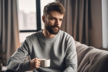 young man with cup of tea sitting on sofa at home
