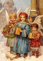 Fototapeta na wymiar Vintage Christmas angels with Kids, Ephemera, Victorian Christmas cards, Junk journal, Retro Christmas Card, Antique collage, Christmas Illustrations of 19th century
