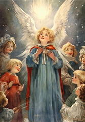Vintage Christmas angels with Kids, Ephemera, Victorian Christmas cards, Junk journal, Retro Christmas Card, Antique collage,  Christmas Illustrations of 19th century