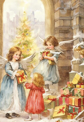 Vintage Christmas angels with Kids, Ephemera, Victorian Christmas cards, Junk journal, Retro Christmas Card, Antique collage,  Christmas Illustrations of 19th century