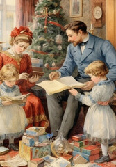 Obraz na płótnie Canvas Vintage Christmas card, Ephemera, Victorian Christmas Family, Junk journal, Card set, Antique collage, Retro Christmas cards of 19th century, Christmas family evening